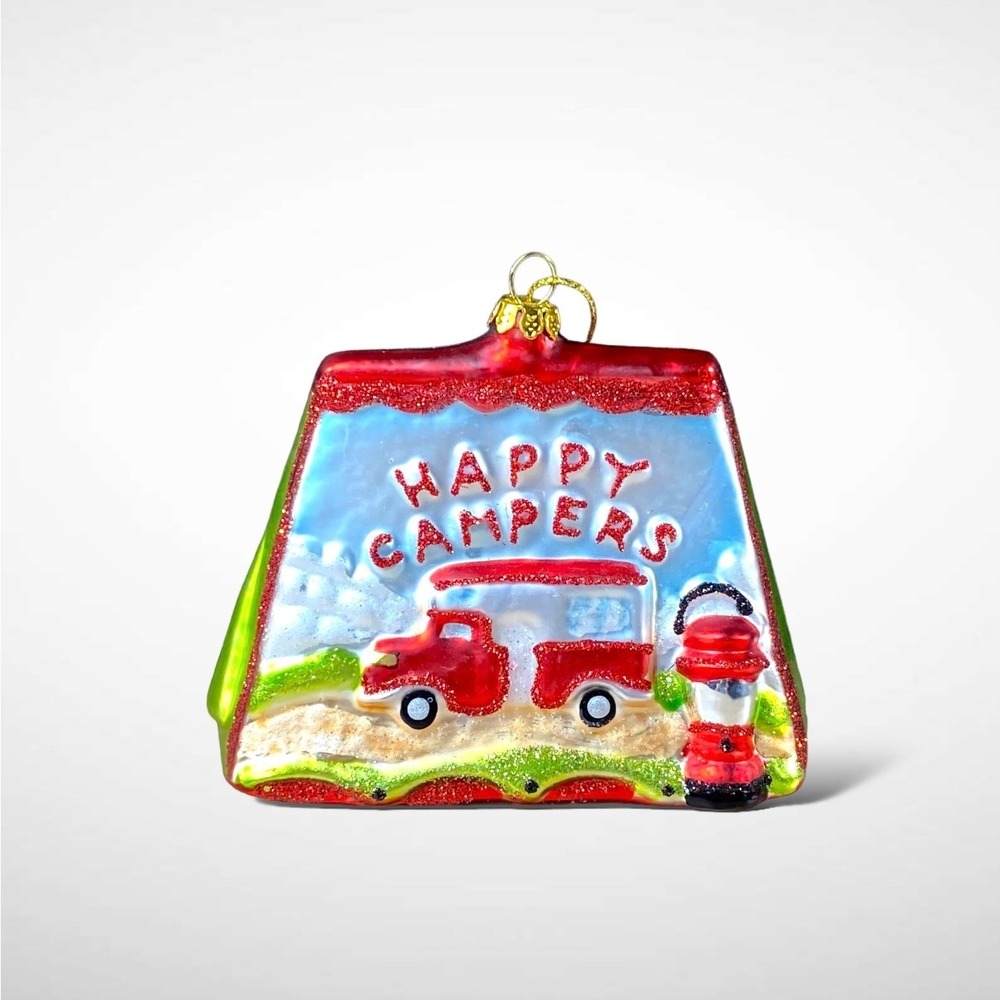 Hand Blown Happy Campers‎ Christmas Ornament Tent Camper Hard to Find and Cute!